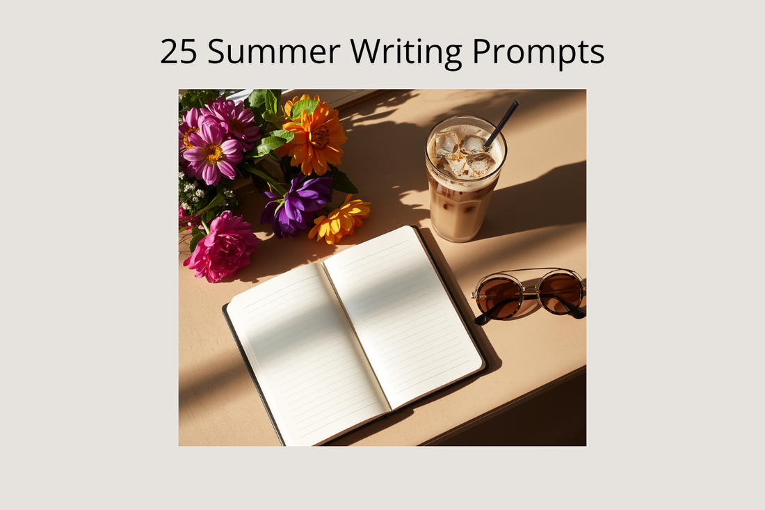 Open journal with a pen resting on a sunny summer background, surrounded by writing prompts