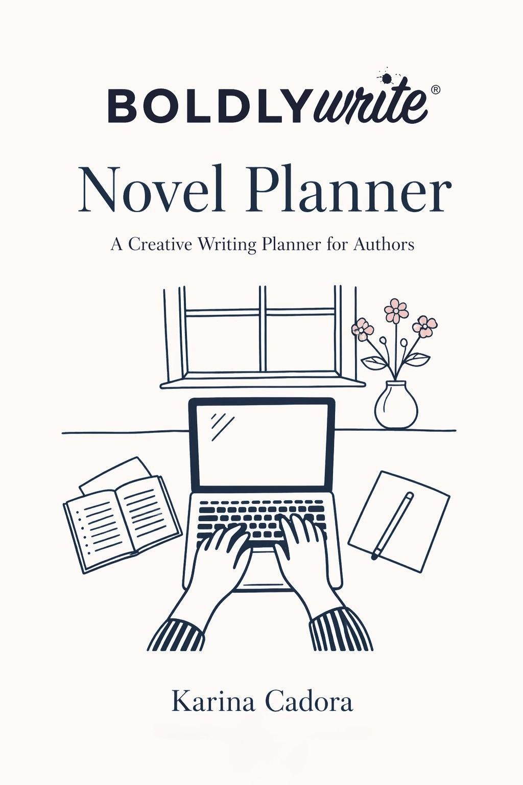 Open novel writing planner on a desk surrounded by spring flowers, representing writing goals and organization