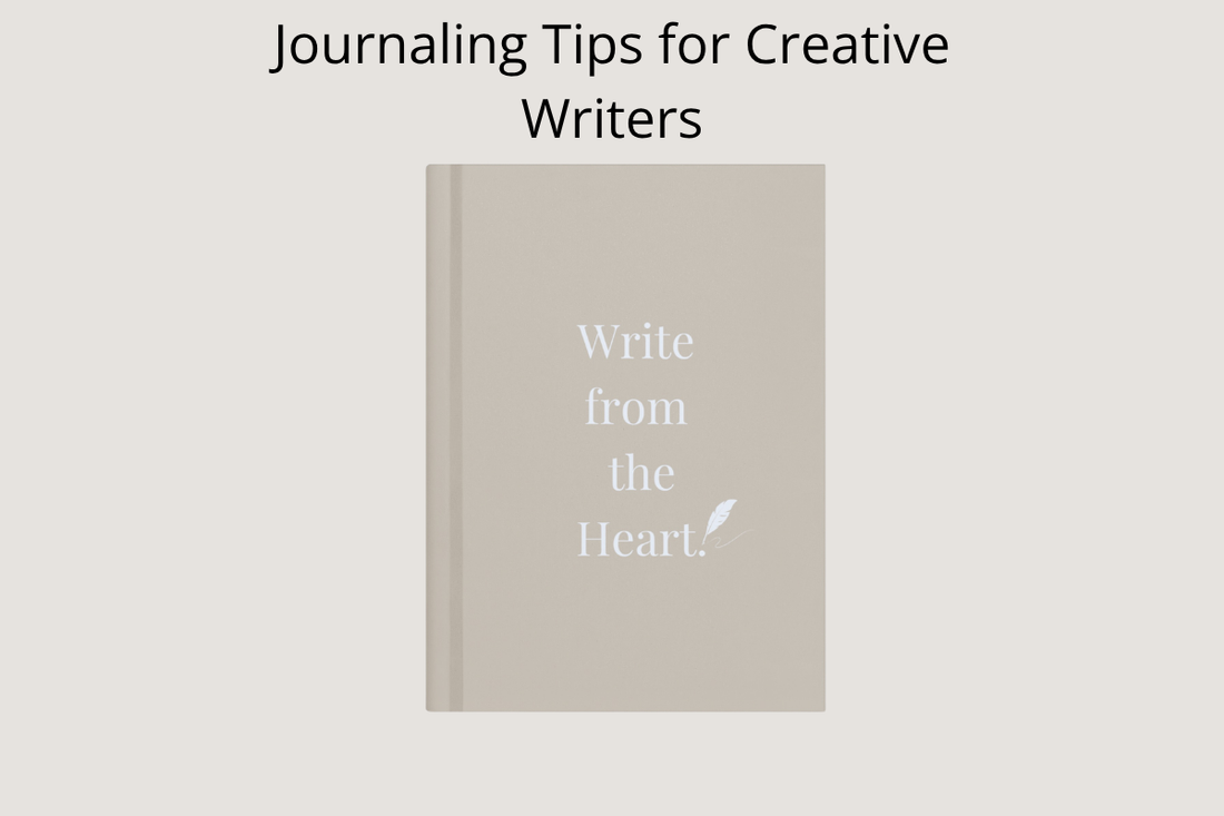 Open writing journal with a pen, surrounded by creative writing notes and prompts